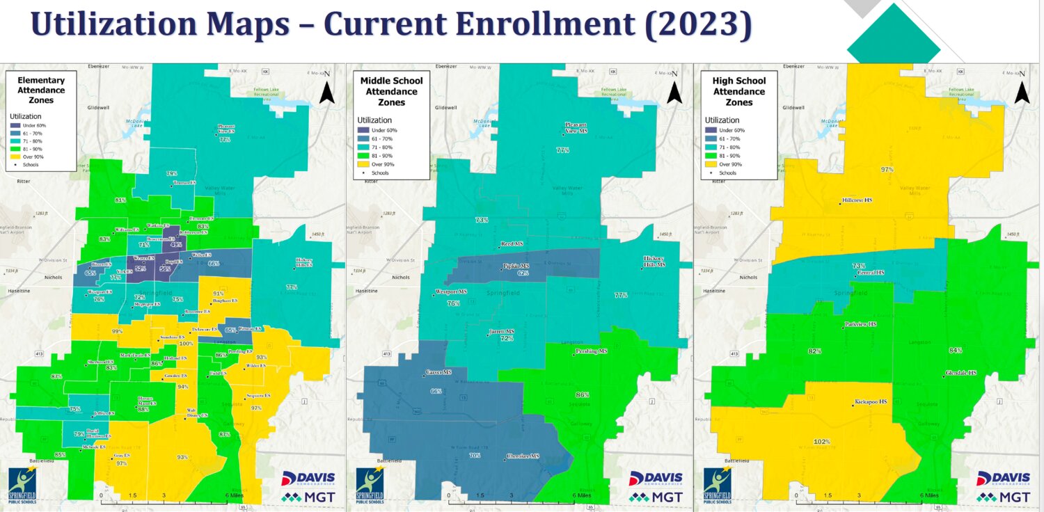 UTILIZATION MAPS: Data prepared by Davis Demographics for Springfield Public Schools show current enrollment levels for all district schools.
